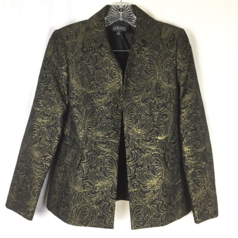 Kasper Floral Black Gold Open Front Blazer 4P